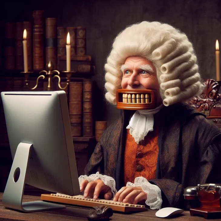 Generated image of George Washington, enthusiastically writing microblog posts on a desktop PC