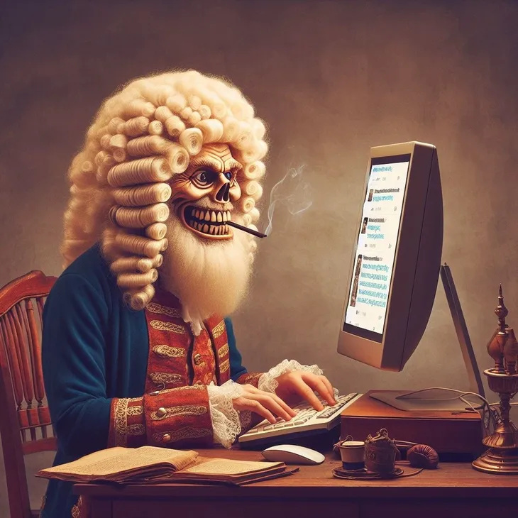 Generated image of George Washington, enthusiastically writing microblog posts on a desktop PC