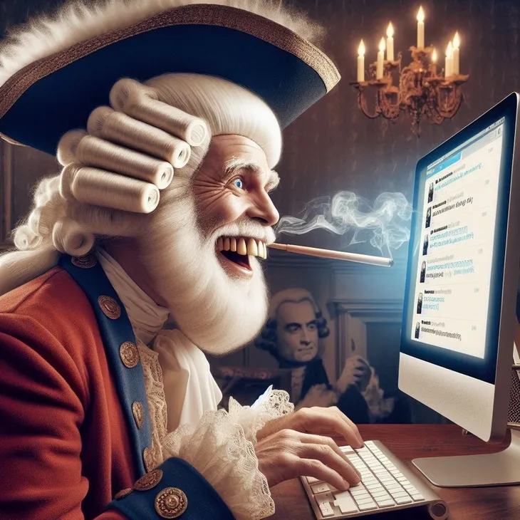 Generated image of George Washington, enthusiastically writing microblog posts on a desktop PC